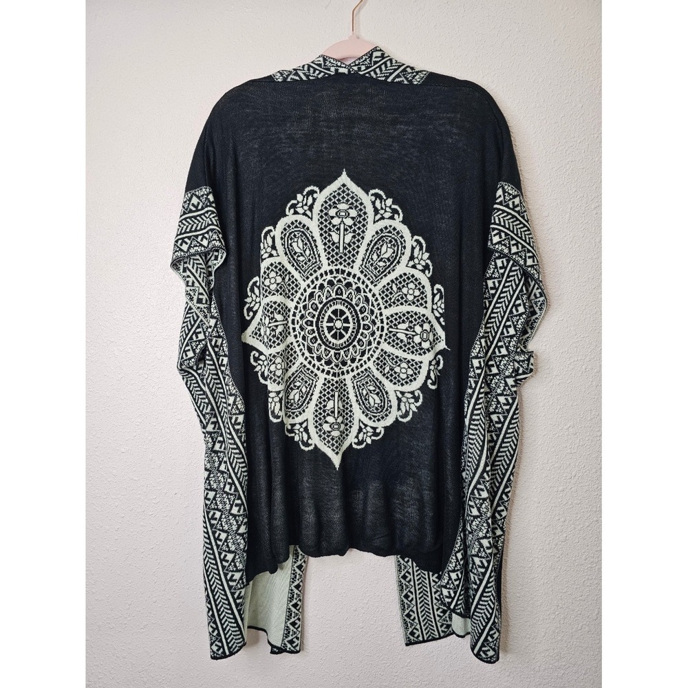 Energe Womens 2X‎ Black White Mandala Geometric Open Front Cardigan Wrap Sweater